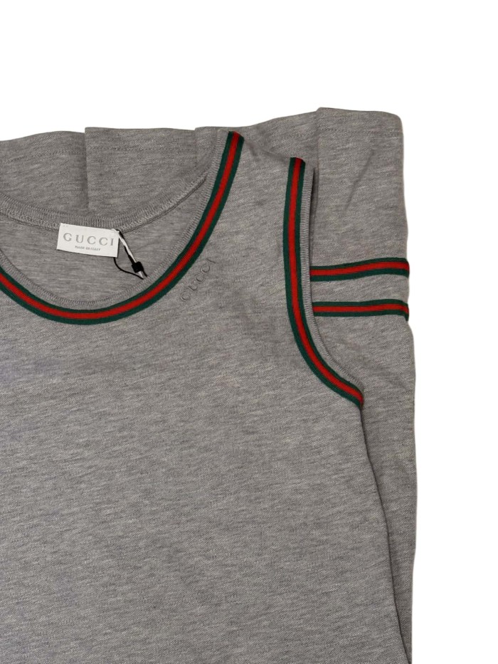Grey Cotton Iconic Red-Green Web Sleeveless Dress for Kids 29008604