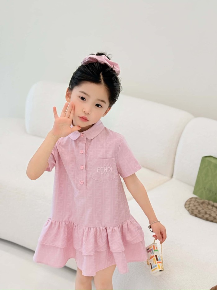 Pink FF Jacquard Polo Collar Ruffle Hem Dress for Kids 29010805