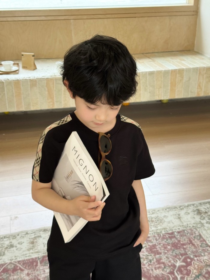 Black Check Trim Cotton T-Shirt for Kids 29010785