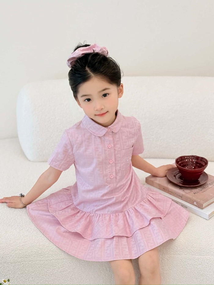 Pink FF Jacquard Polo Collar Ruffle Hem Dress for Kids 29010805