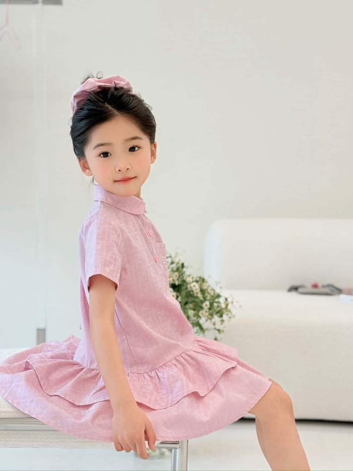 Pink FF Jacquard Polo Collar Ruffle Hem Dress for Kids 29010805