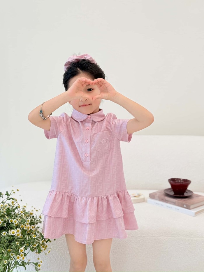 Pink FF Jacquard Polo Collar Ruffle Hem Dress for Kids 29010805