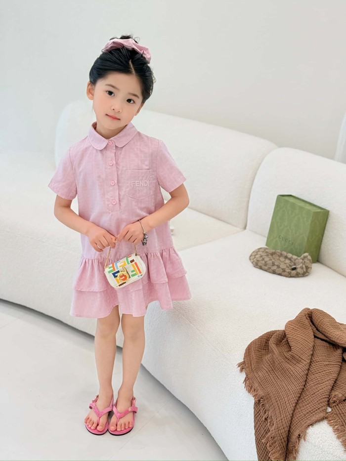 Pink FF Jacquard Polo Collar Ruffle Hem Dress for Kids 29010805