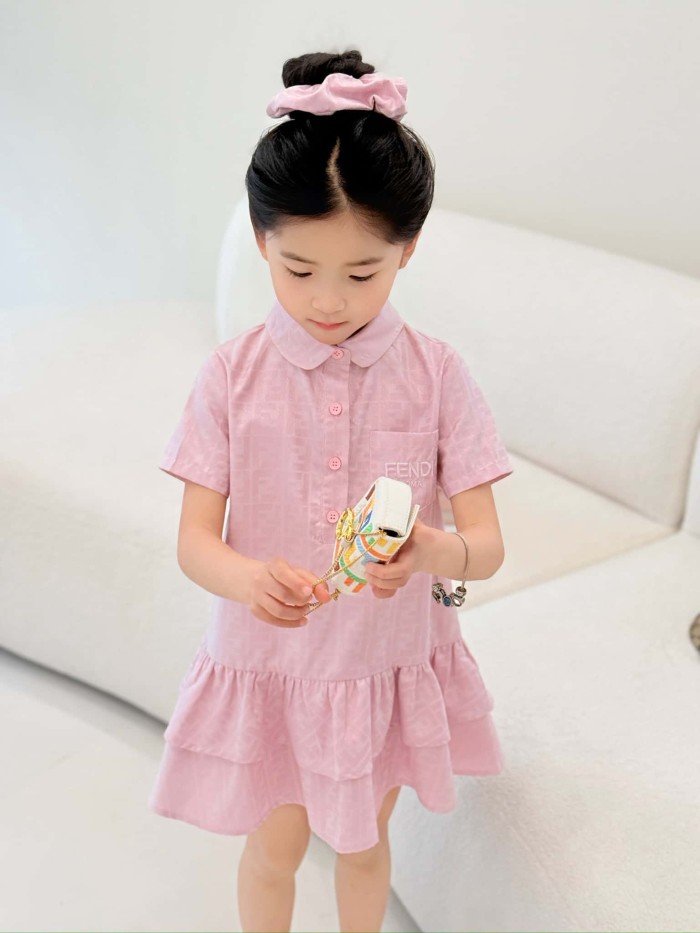 Pink FF Jacquard Polo Collar Ruffle Hem Dress for Kids 29010805