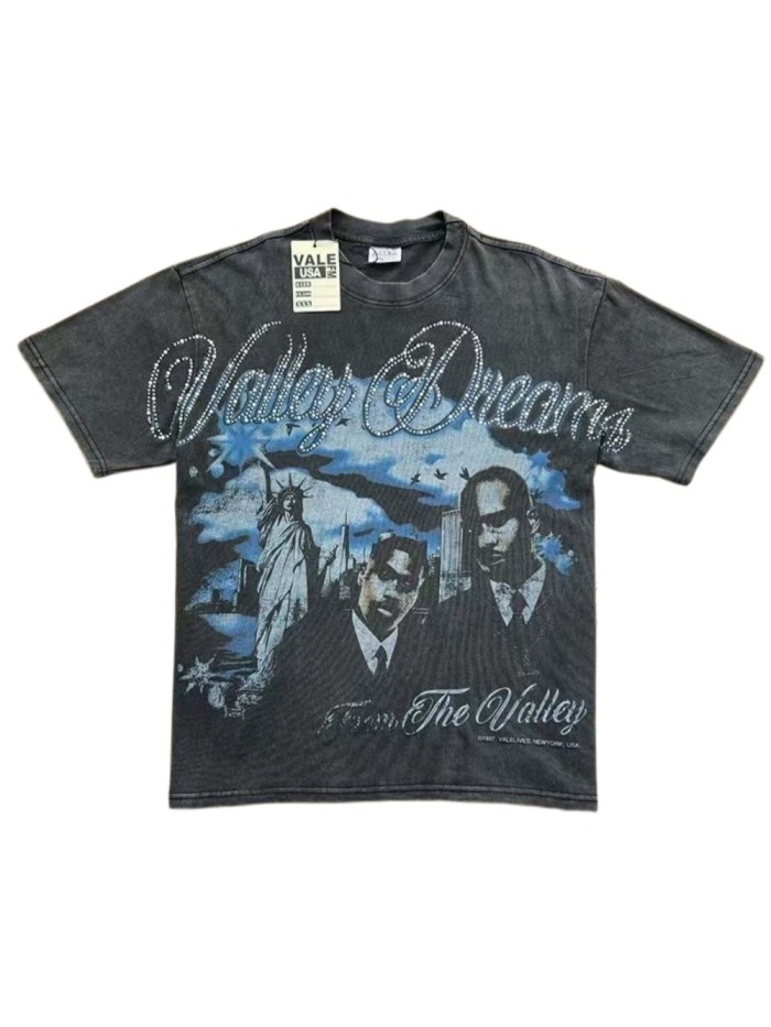 Portrait Print Rhinestone Washed Vintage T-Shirt 2 colors 29019044