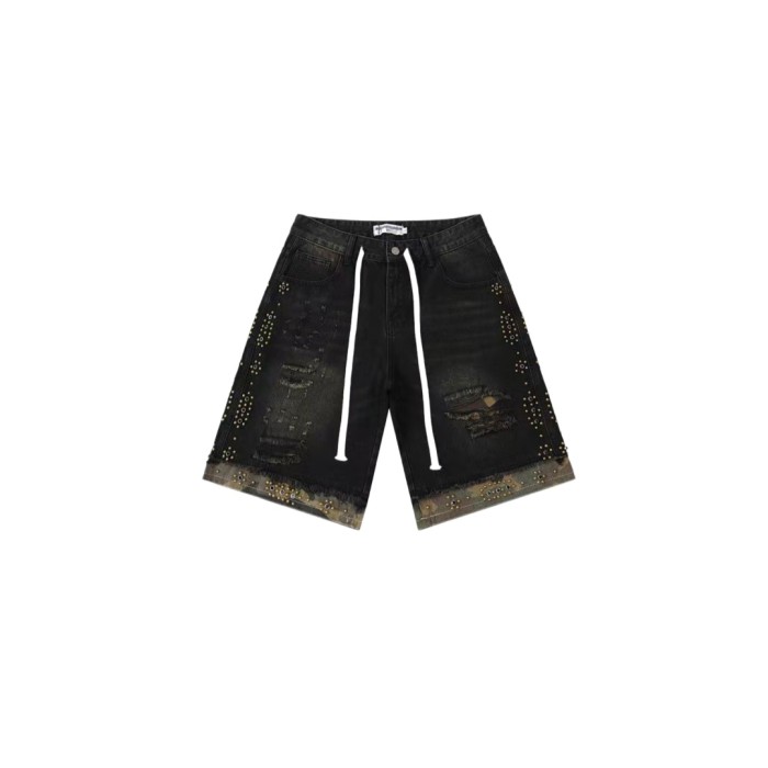 Wash Studded Camo Hem Distressed Denim Shorts 2 colors 29027500