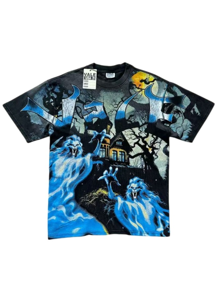 Retro Halloween Ghost Wolf Graphic Washed T-Shirt 29027404