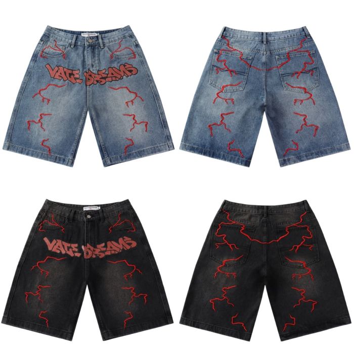 Red Letter Lightning Embroidery Washed Denim Shorts 2 colors 29047377