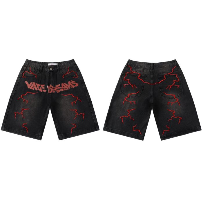 Red Letter Lightning Embroidery Washed Denim Shorts 2 colors 29047377