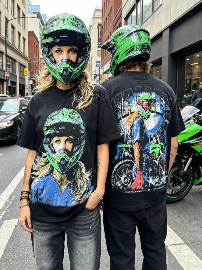 Female Motorcycle Rider Print Washed Tee 2 colors 29047375