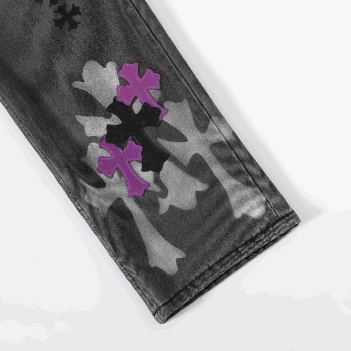 1:1 quality version Purple Black Cross Patched Graffiti Straight Leg Denim Jeans 29082285