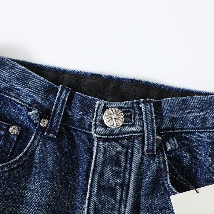 1:1 quality version Black Brown White Cross Patched Medium Blue Leg Denim Pants 29082332
