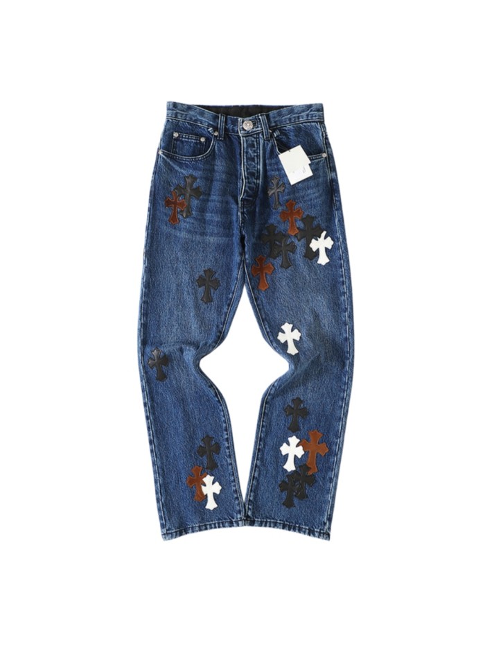 1:1 quality version Black Brown White Cross Patched Medium Blue Leg Denim Pants 29082332