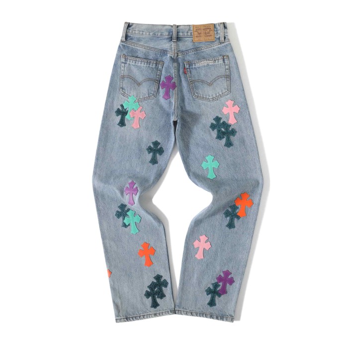 1:1 quality version Vibrant Multi-Color Cross Patched Light Blue Straight Leg Denim Pants 29082247