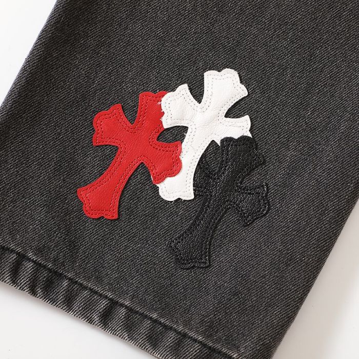1:1 quality version Red Black Cross Patched Washed Black Straight Leg Casual Denim Jeans 29082231