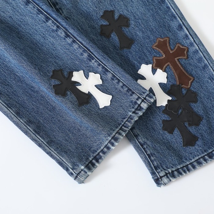 1:1 quality version Black Brown White Cross Patched Fire Medium Blue Leg Denim Pants 29082321