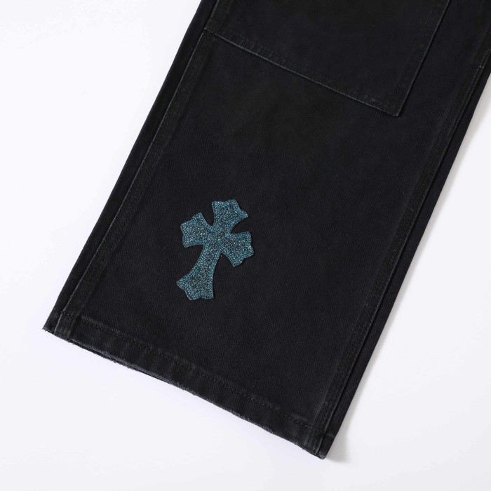 1:1 quality version Glitter Teal Cross Patched Black Straight Leg Casual Denim Jeans 29082250