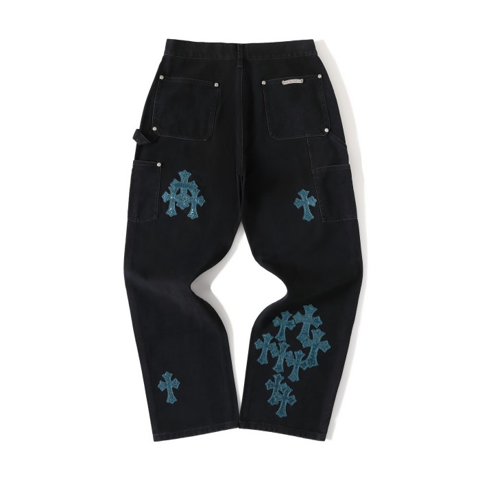 1:1 quality version Glitter Teal Cross Patched Black Straight Leg Casual Denim Jeans 29082250