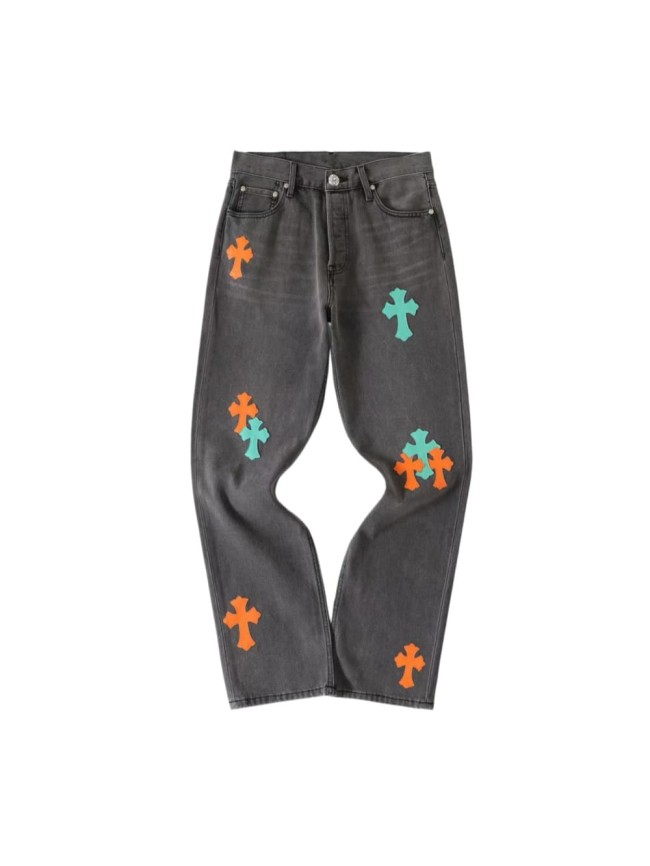 1:1 quality version Orange & Mint Cross Patched Washed Dark Grey Straight Leg Denim Jeans 29082255