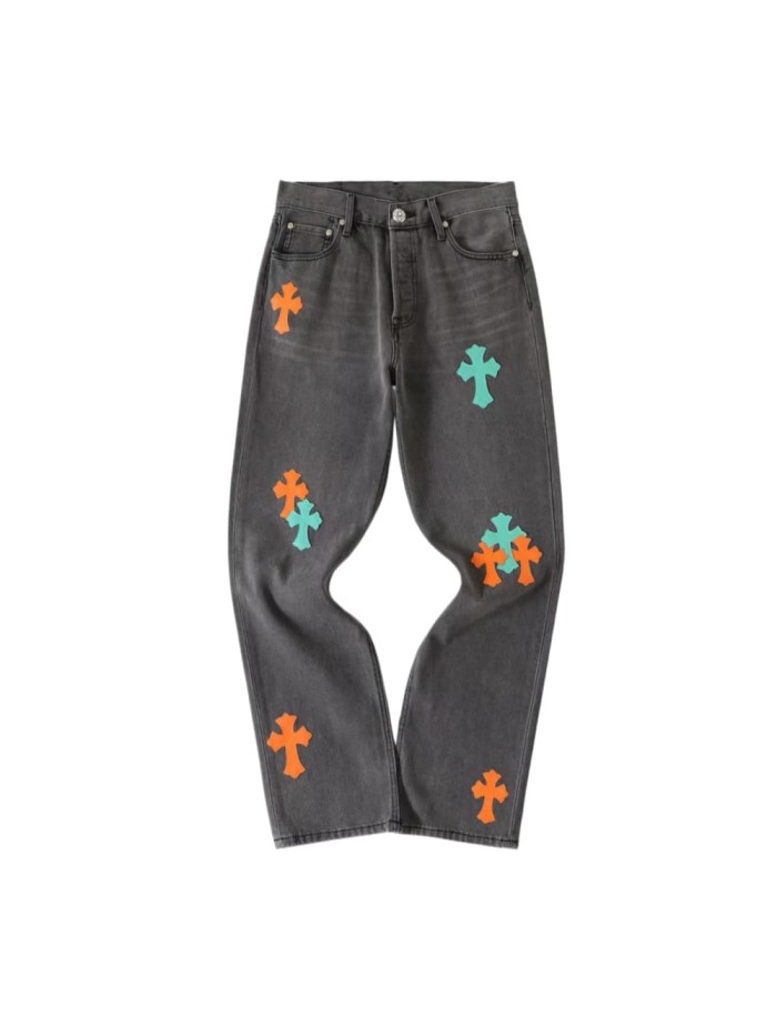 1:1 quality version Orange & Mint Cross Patched Washed Dark Grey Straight Leg Denim Jeans 29082255