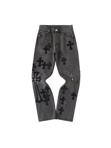 1:1 quality version Black Cross Patched Washed Charcoal Grey Straight Leg Denim Jeans 29082261