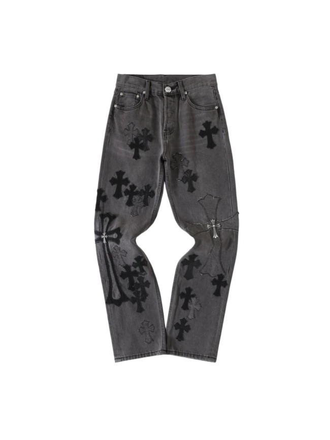 1:1 quality version Black Cross Patched Washed Charcoal Grey Straight Leg Denim Jeans 29082261
