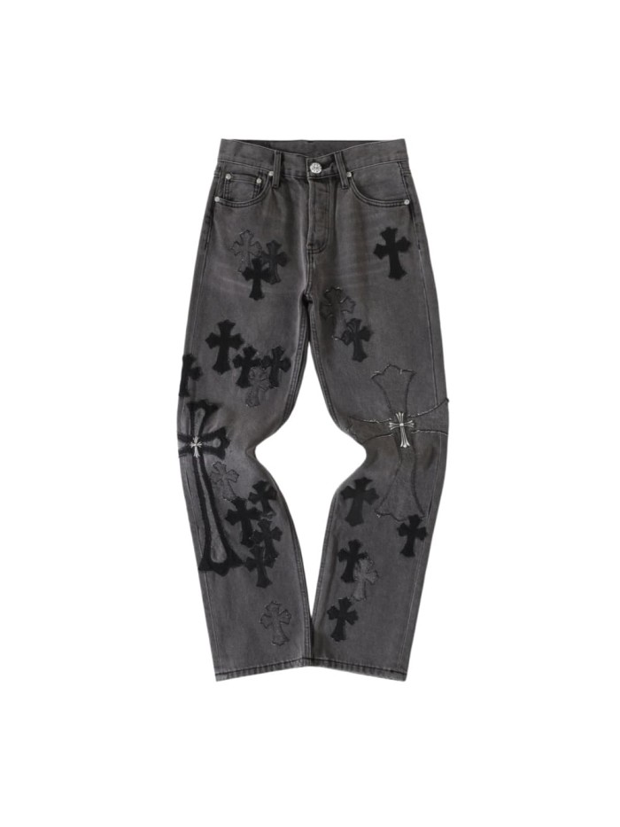 1:1 quality version Black Cross Patched Washed Charcoal Grey Straight Leg Denim Jeans 29082261