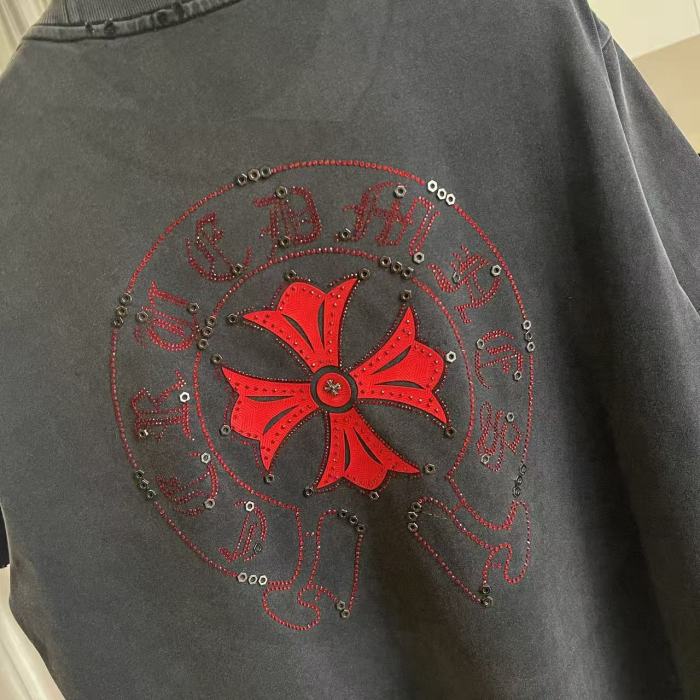 1:1 quality version Red Sanskrit Horseshoe Cross Logo Printed  Vintage Tee 4 colors 29082421