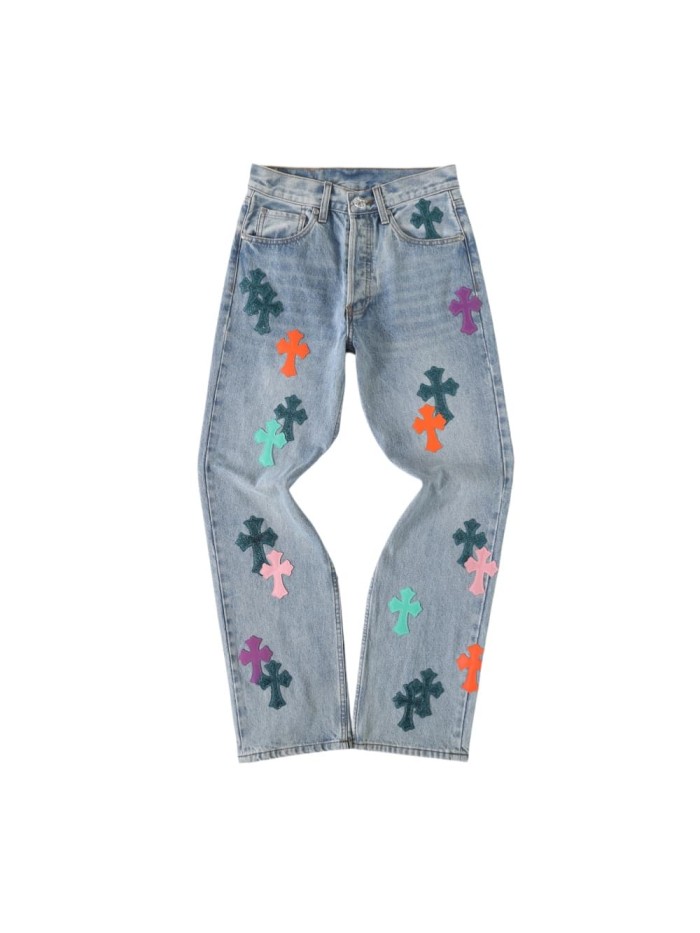 1:1 quality version Vibrant Multi-Color Cross Patched Light Blue Straight Leg Denim Pants 29082247