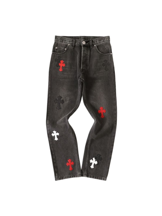 1:1 quality version Red Black Cross Patched Washed Black Straight Leg Casual Denim Jeans 29082231