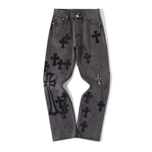 1:1 quality version Black Cross Patched Washed Charcoal Grey Straight Leg Denim Jeans 29082261
