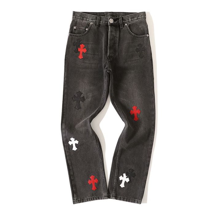 1:1 quality version Red Black Cross Patched Washed Black Straight Leg Casual Denim Jeans 29082231