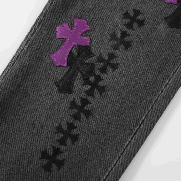 1:1 quality version Purple Black Cross Patched Graffiti Straight Leg Denim Jeans 29082285