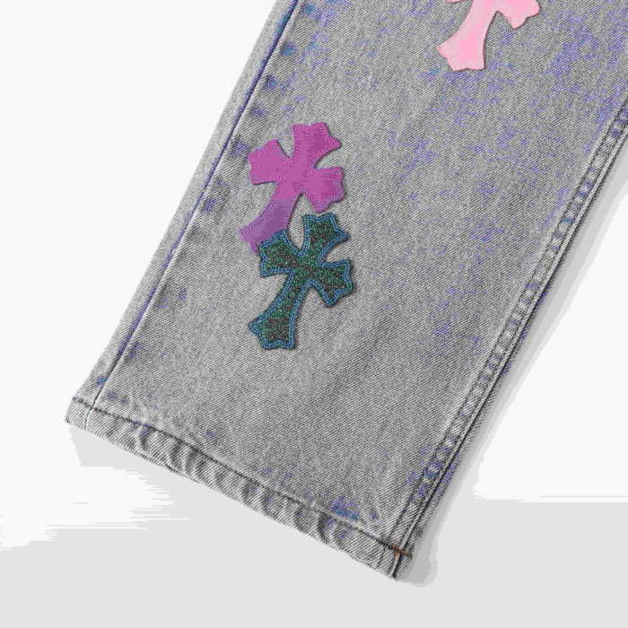 1:1 quality version Vibrant Multi-Color Cross Patched Light Blue Straight Leg Denim Pants 29082247