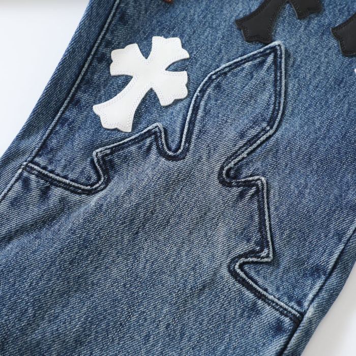 1:1 quality version Black Brown White Cross Patched Fire Medium Blue Leg Denim Pants 29082321