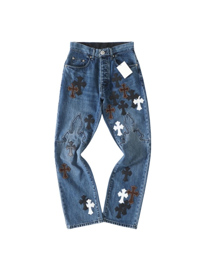 1:1 quality version Black Brown White Cross Patched Fire Medium Blue Leg Denim Pants 29082321