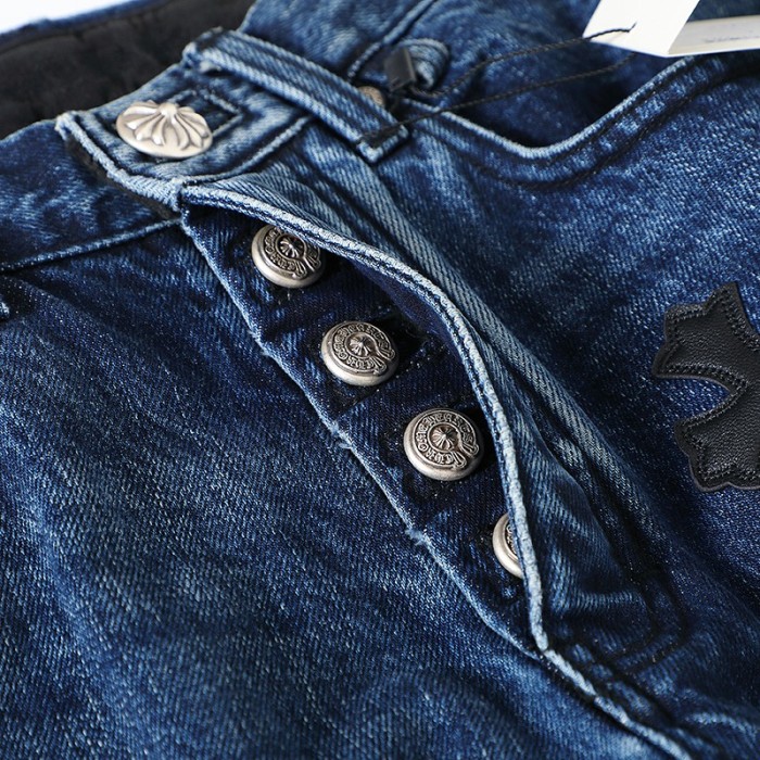 1:1 quality version Black Brown White Cross Patched Medium Blue Leg Denim Pants 29082332