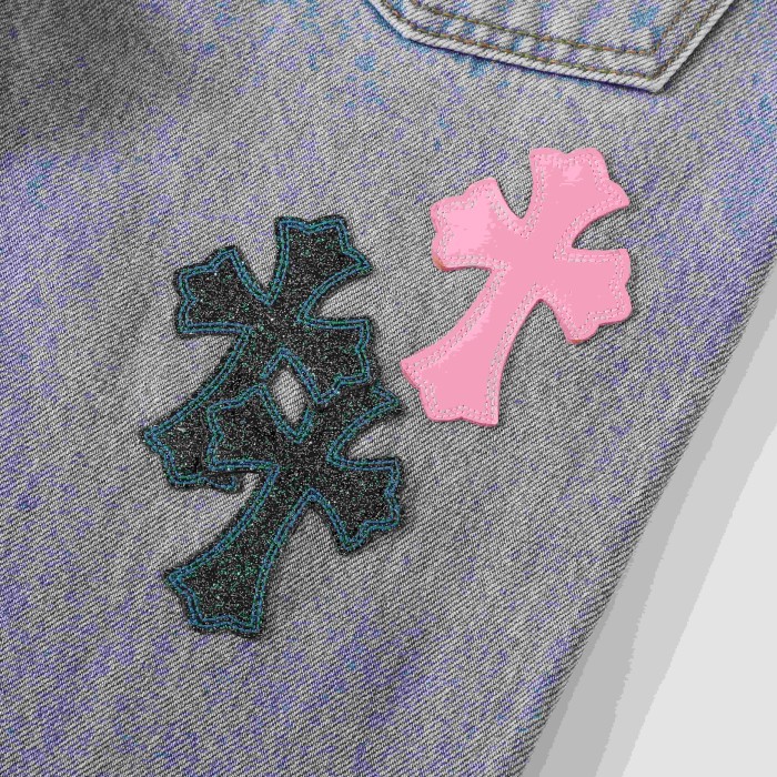 1:1 quality version Vibrant Multi-Color Cross Patched Light Blue Straight Leg Denim Pants 29082247