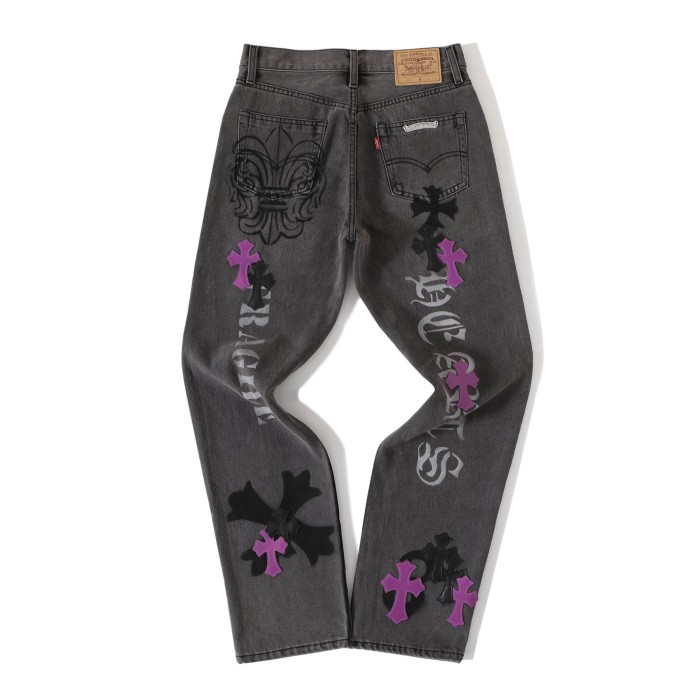 1:1 quality version Purple Black Cross Patched Graffiti Straight Leg Denim Jeans 29082285