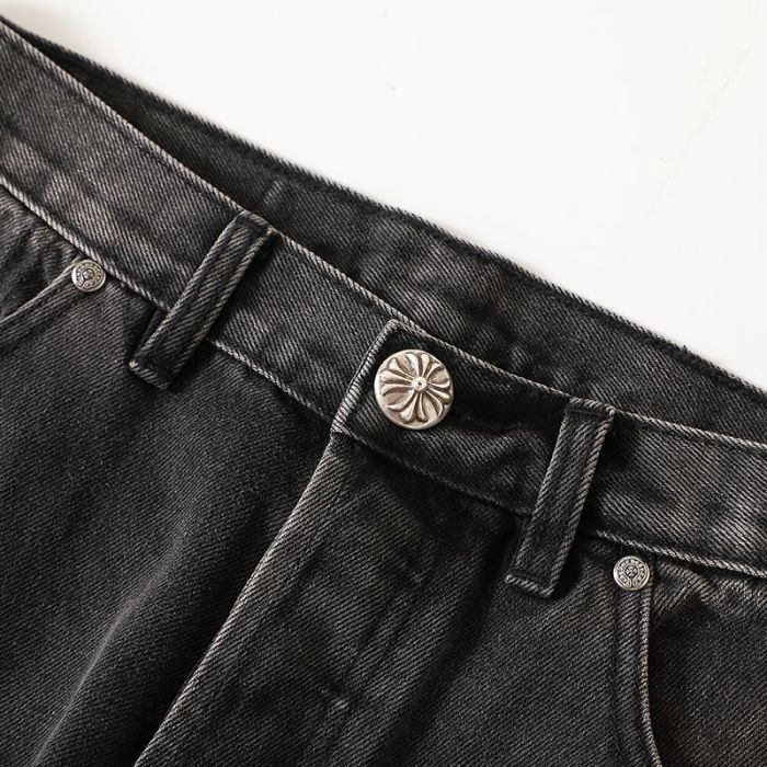 1:1 quality version Red Black Cross Patched Washed Black Straight Leg Casual Denim Jeans 29082231
