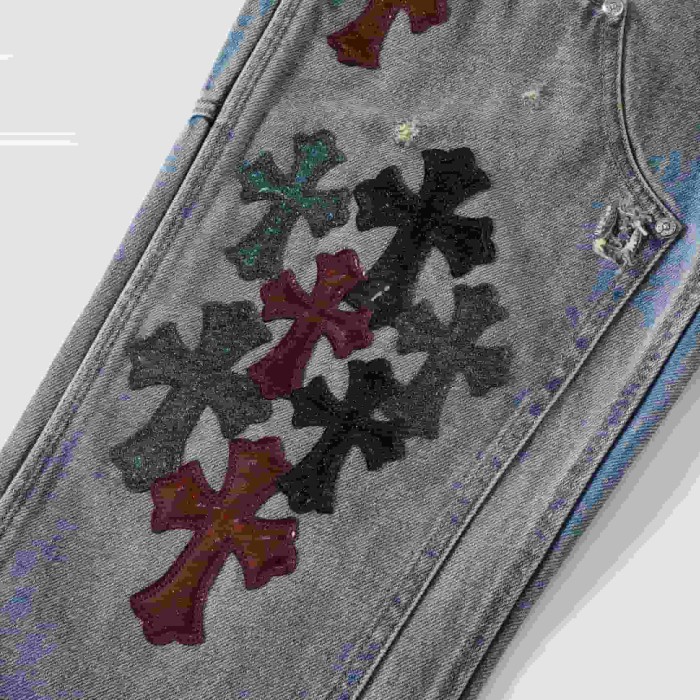 1:1 quality version Black Red Teal Cross Patched Light Blue Washed Carpenter Denim Jeans 29082300