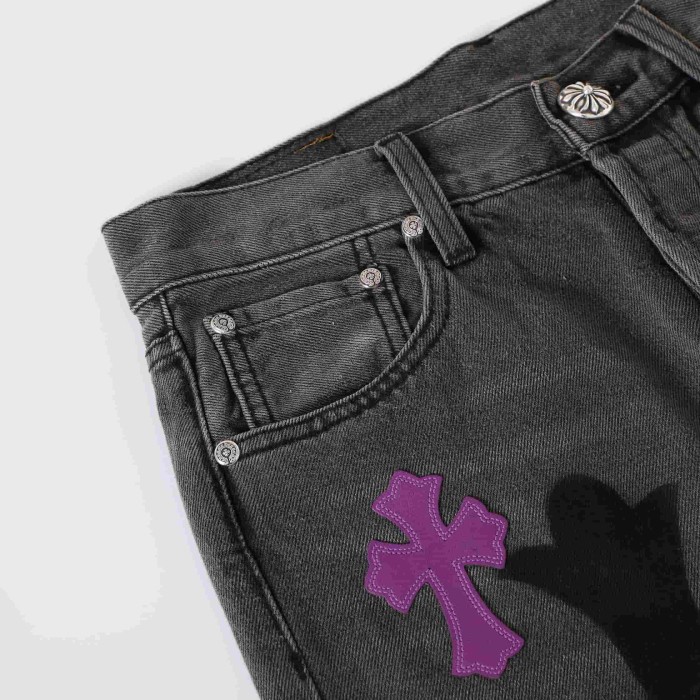 1:1 quality version Purple Black Cross Patched Graffiti Straight Leg Denim Jeans 29082285