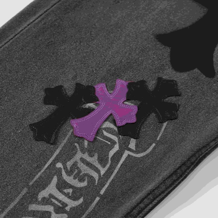 1:1 quality version Purple Black Cross Patched Graffiti Straight Leg Denim Jeans 29082285