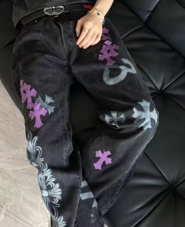 1:1 quality version Purple Black Cross Patched Graffiti Straight Leg Denim Jeans 29082285