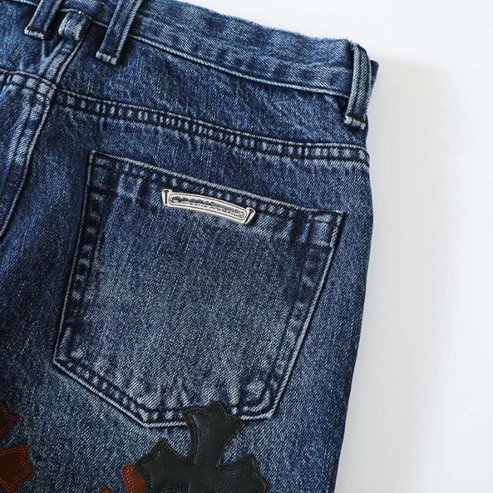 1:1 quality version Black Brown White Cross Patched Medium Blue Leg Denim Pants 29082332