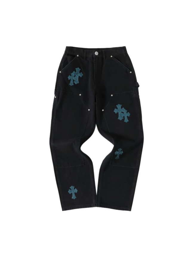 1:1 quality version Glitter Teal Cross Patched Black Straight Leg Casual Denim Jeans 29082250