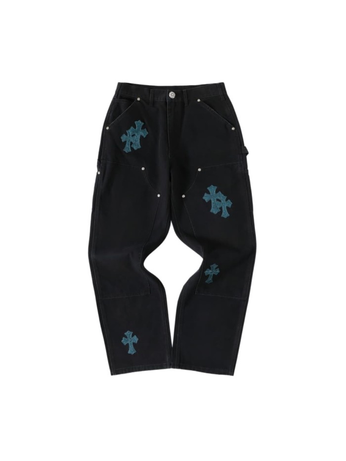 1:1 quality version Glitter Teal Cross Patched Black Straight Leg Casual Denim Jeans 29082250