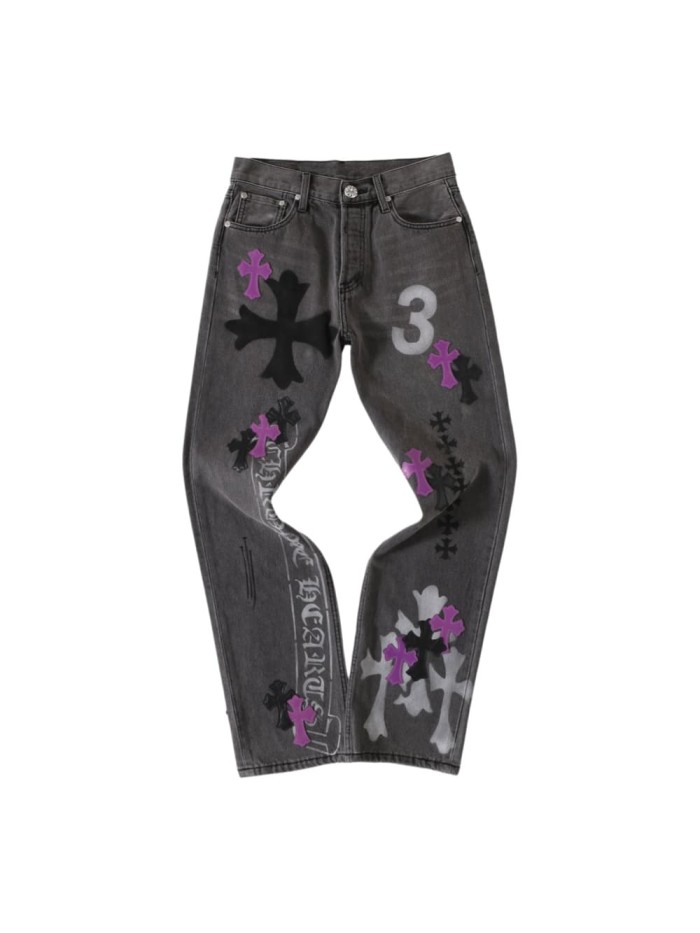 1:1 quality version Purple Black Cross Patched Graffiti Straight Leg Denim Jeans 29082285