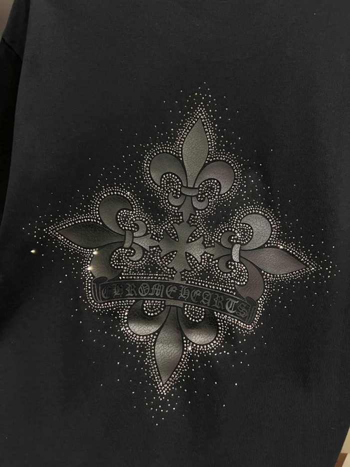 1:1 quality version Oversized Vintage Grey Rhinestone Fleur-de-lis Graphic T-Shirt 3 colors 29089701