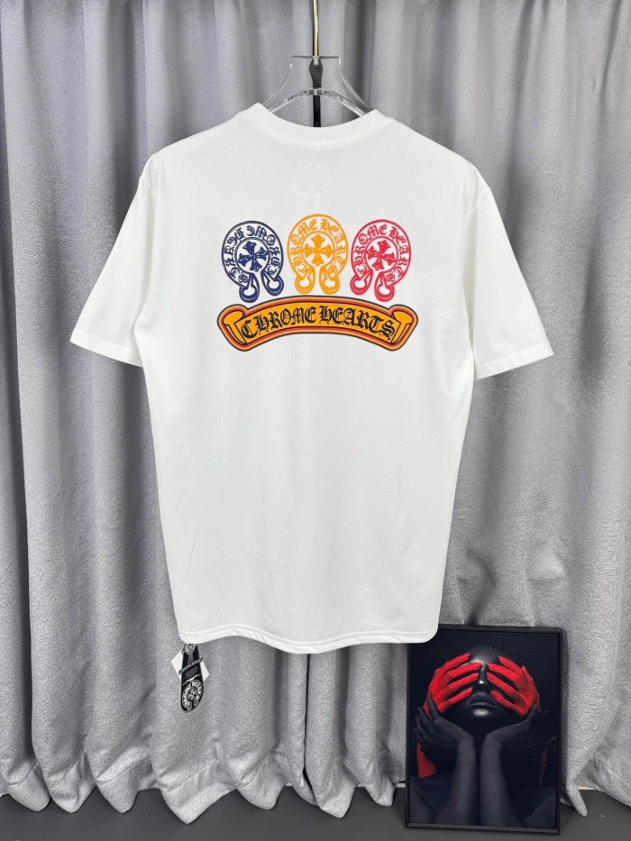 1:1 quality version White Three-Color Horseshoe Sanskrit Cross Print Crew Neck T-Shirt 29090118